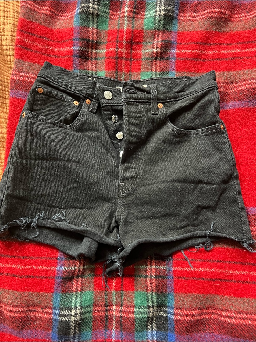 Levi’s Ribcage High-Rise Black Denim Cutoff Shorts